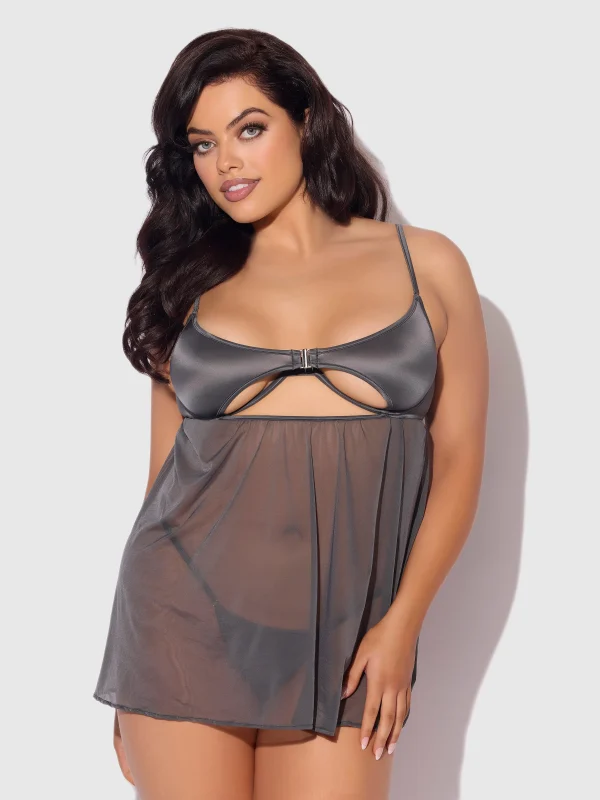 Zoe Oil Slick Openable Cup Underwire Babydoll Set Graphite
