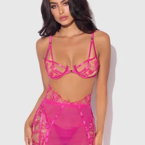 Nova Blacklight Glow Lace Bra, Skirt & G-String Set Pink Dragon