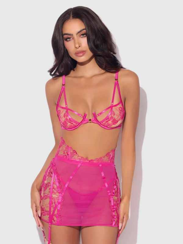 Nova Blacklight Glow Lace Bra, Skirt & G-String Set Pink Dragon