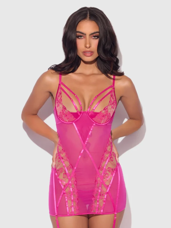 Blacklight Glow Lace Chemise Set Pink Dragon